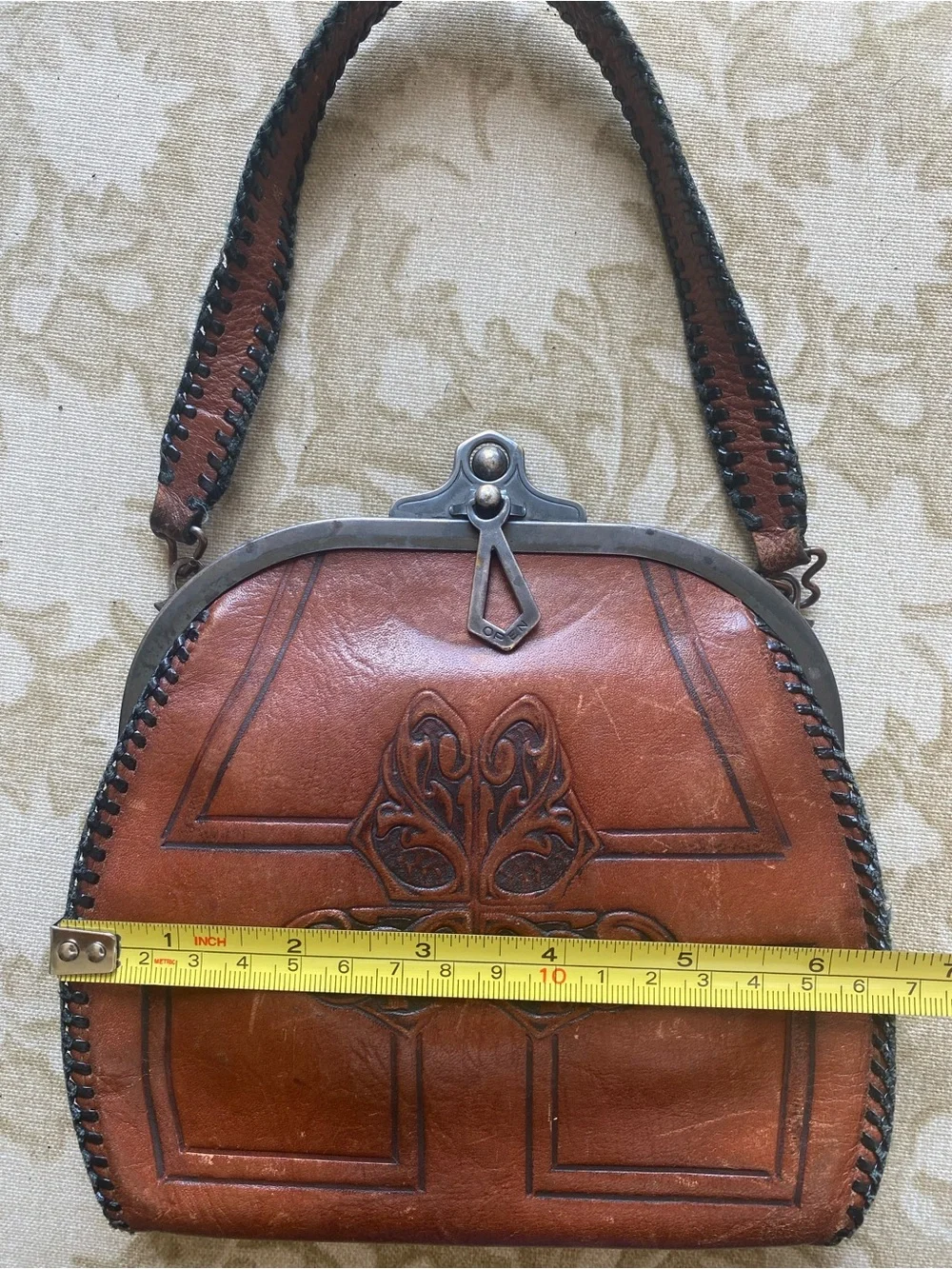 Arts & Crafts Brown Leather Handbag w/ Whipstitch Stitching  & Turnloc Clasp